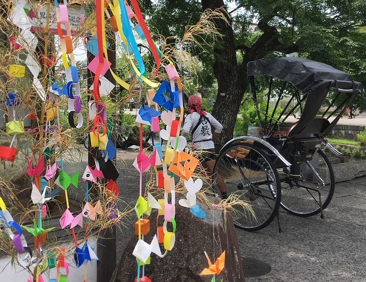 Steli di bambù con decorazioni in carta multicolore per Tanabata. Sullo sfondo portatore di richò