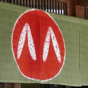 Noren sfondo verde con cerchio rosso e dentro particolare di zori